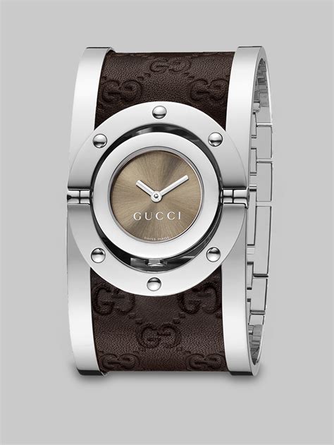 gucci women's brown stainless steel & leather cuff watch bloomingdales|Gucci quartz watch stainless steel.